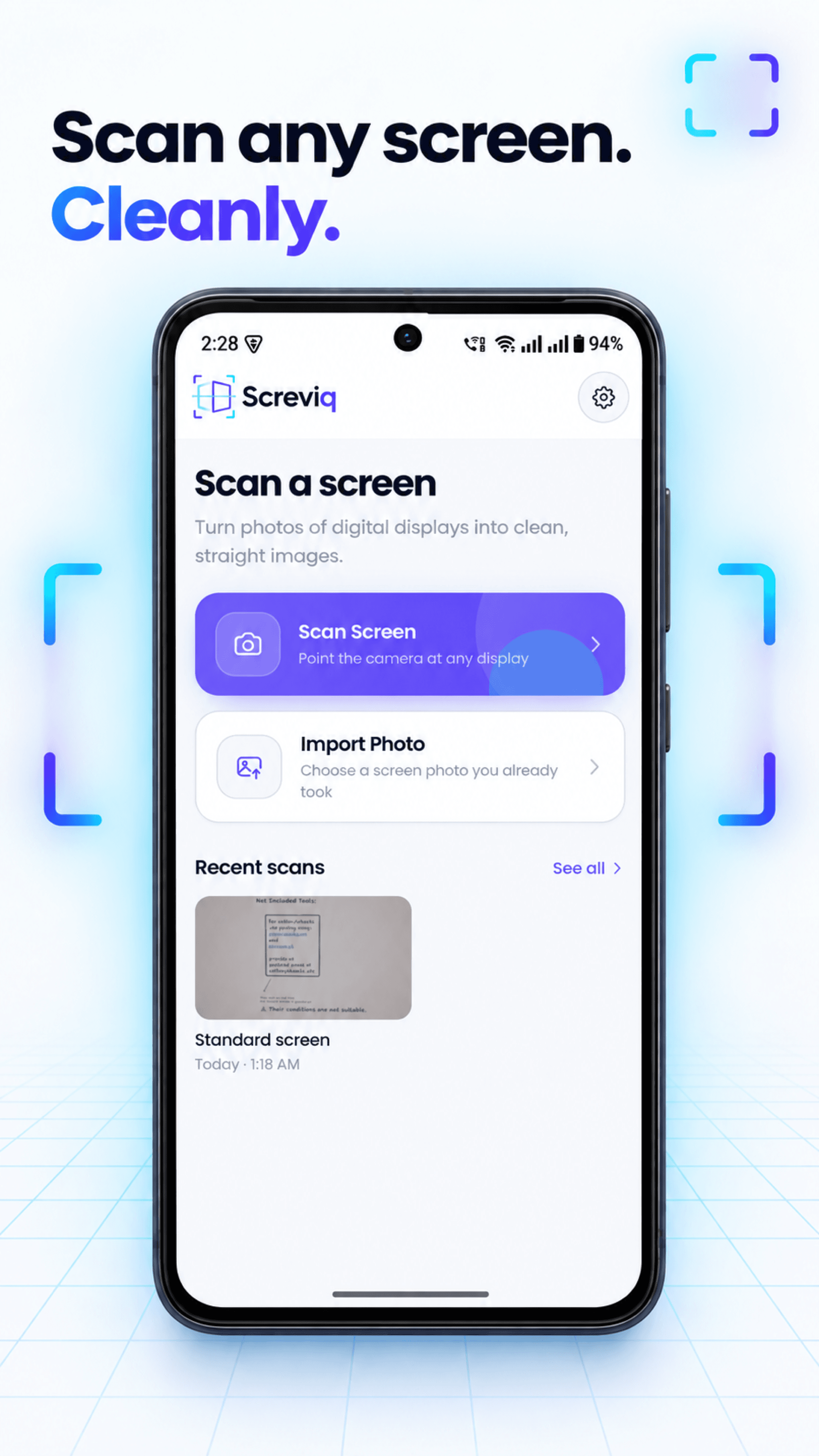 Screviq home screen showing Scan Screen and Import Photo actions