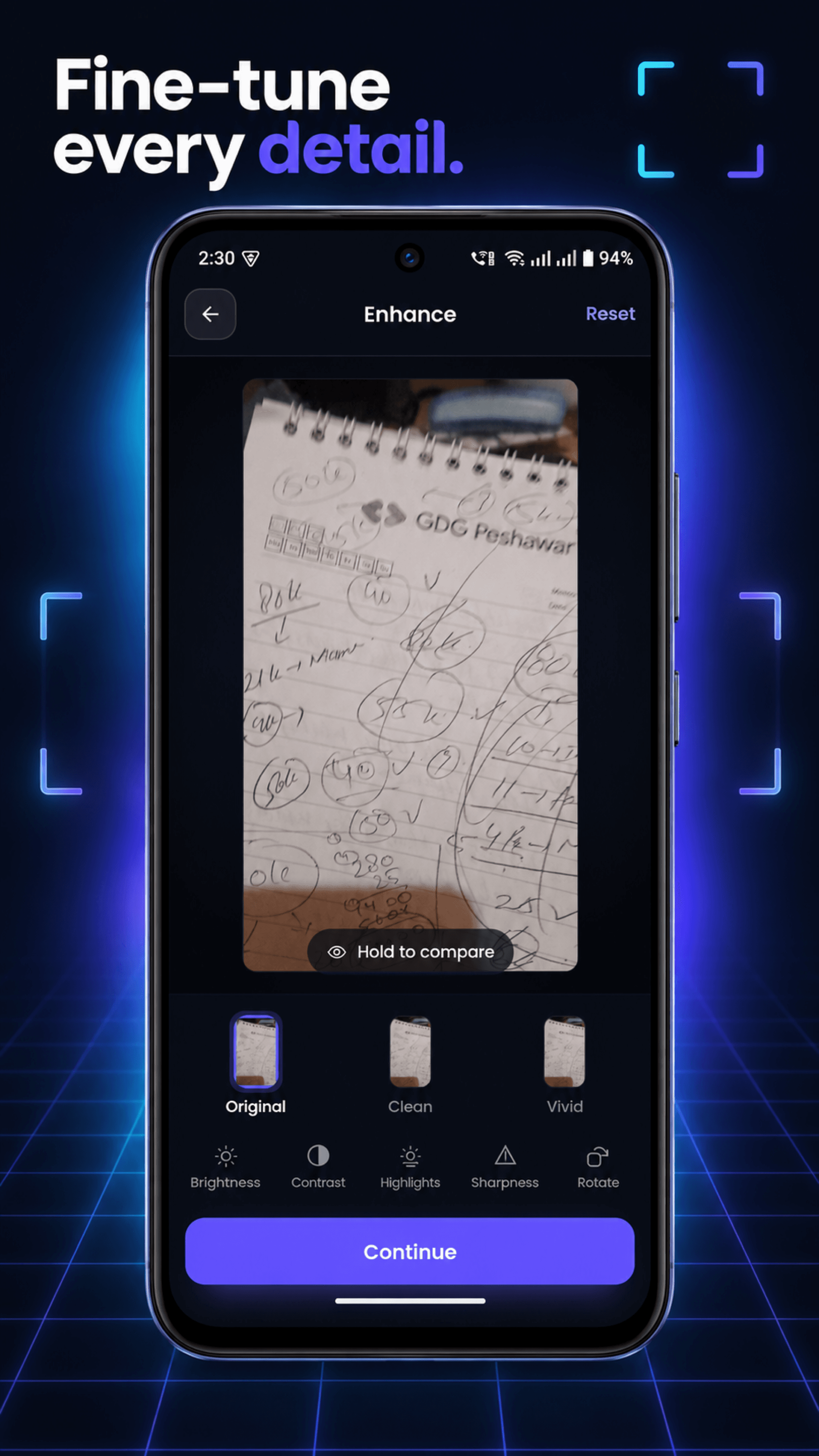 Screviq enhancement screen with adjustment controls
