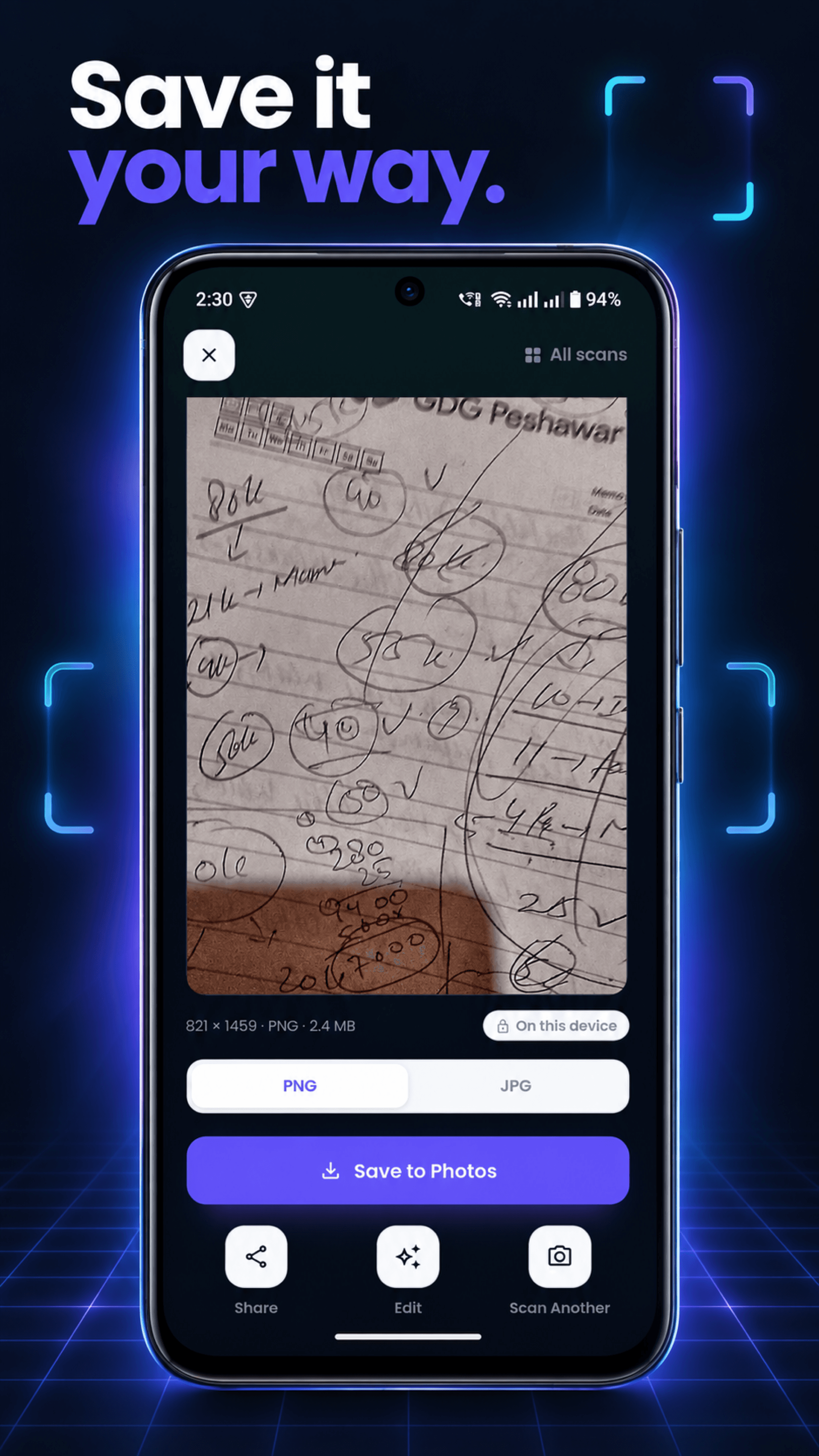 Screviq result screen with save and share controls
